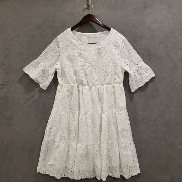 Eyelet Lace Midi Dress Women Medium White Tiered Ruffle Hem Simple Beachy Boho - Picture 1 of 6
